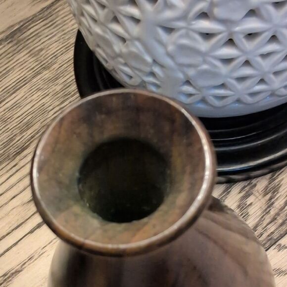 Hand Crafted Elegant Brown Wooden Vase With Green Accents - Picture 5 of 9